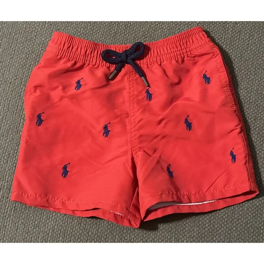 Infant Boys RALPH LAUREN red AOP Embroidered Ponies Swim Trunks 18M *B5